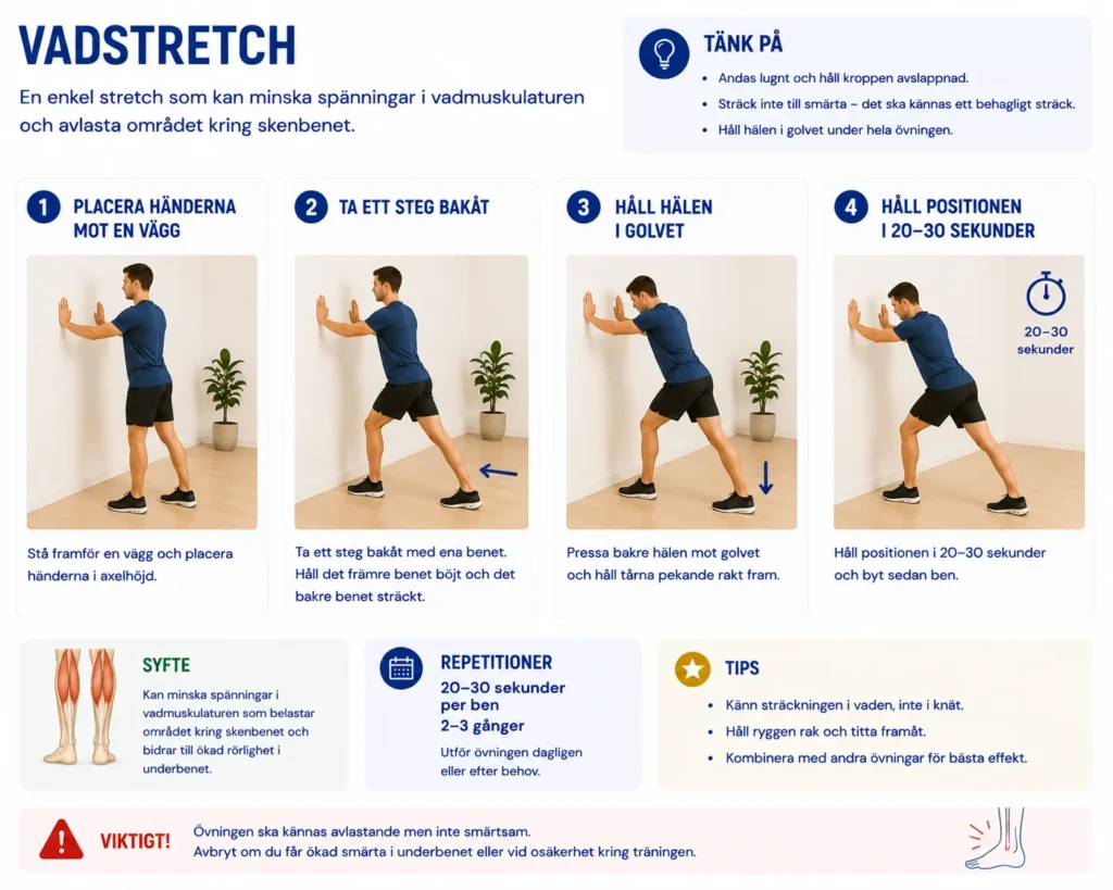 Vadstretch mot vägg för att minska vadspänningar som kan belasta skenbenet vid benhinneinflammation.