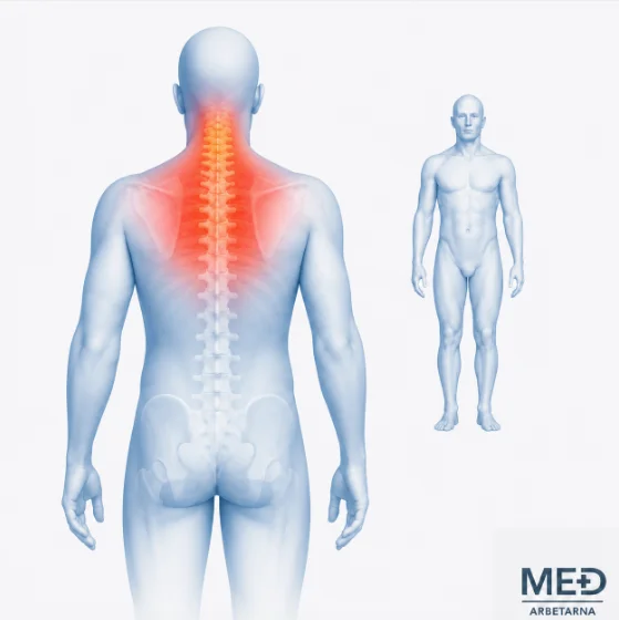 Anatomisk illustration av smärta mellan skulderbladen där nacke, övre rygg och rhomboideusområdet är markerade med röd smärthighlight.