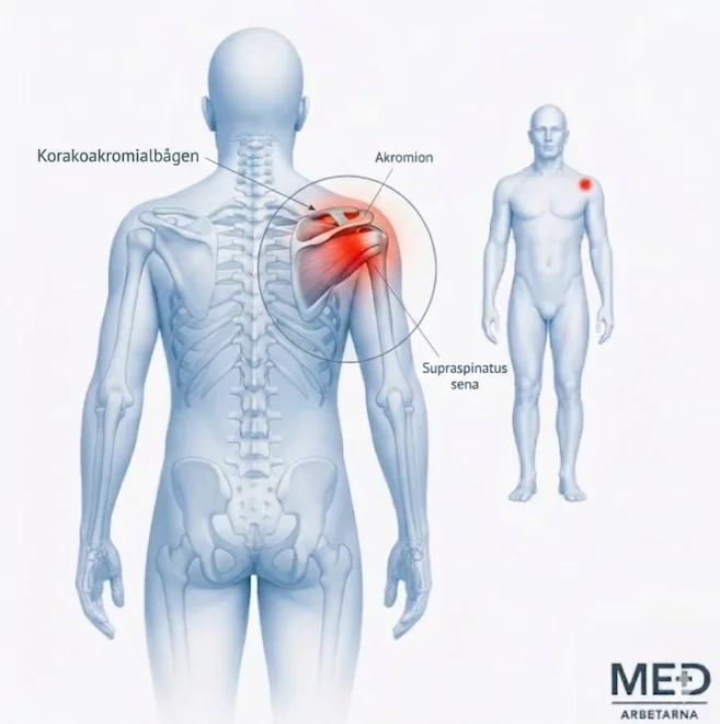 Anatomisk illustration av impingement i axeln där området kring axelled och rotatorkuff är markerat för att visa smärta och inklämning.