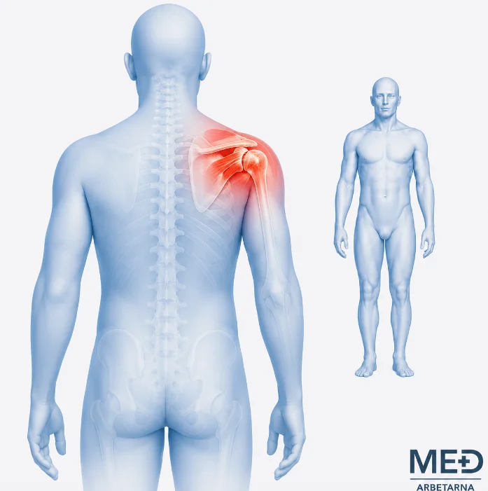 Anatomisk illustration av rotatorkuffskada där muskler och senor kring axelleden är markerade med röd smärthighlight.