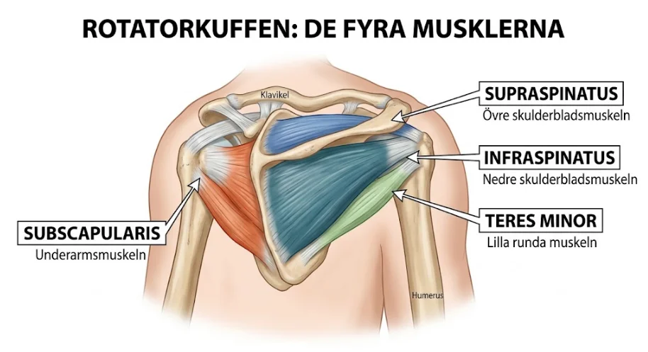 Anatomisk illustration av rotatorkuffens fyra muskler i axeln: supraspinatus, infraspinatus, teres minor och subscapularis, med utpekade muskler kring skulderblad, nyckelben och överarmsben.