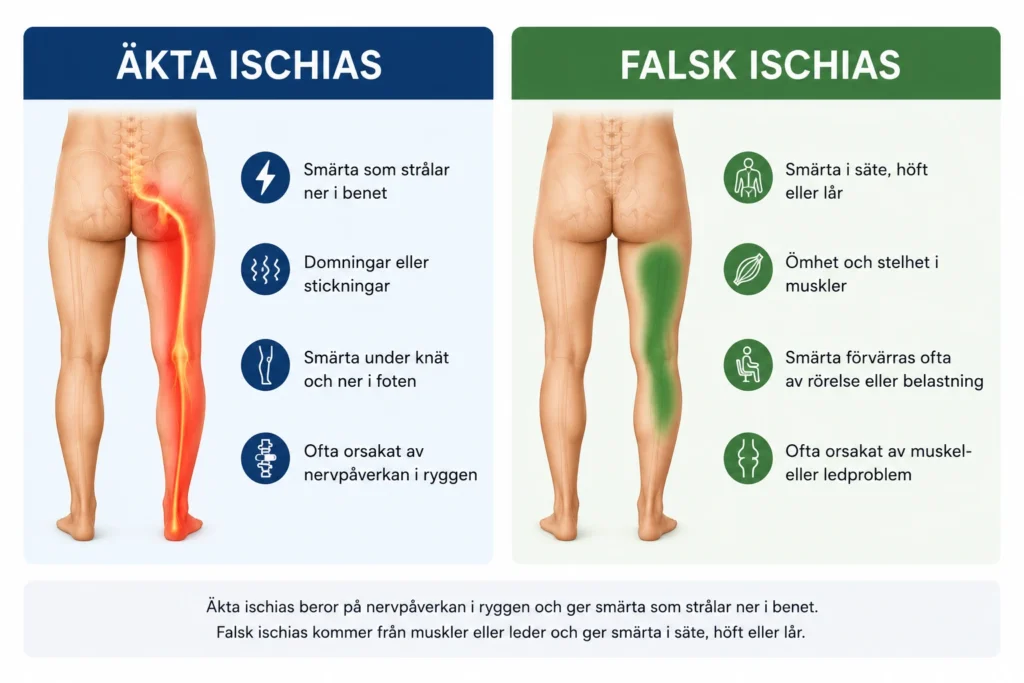 Infografik som jämför äkta ischias och falsk ischias. På vänster sida visas äkta ischias med smärta som följer ischiasnervens förlopp från ländryggen genom sätet och ner i benet. På höger sida visas falsk ischias med smärta lokaliserad till säte, höft eller lår.