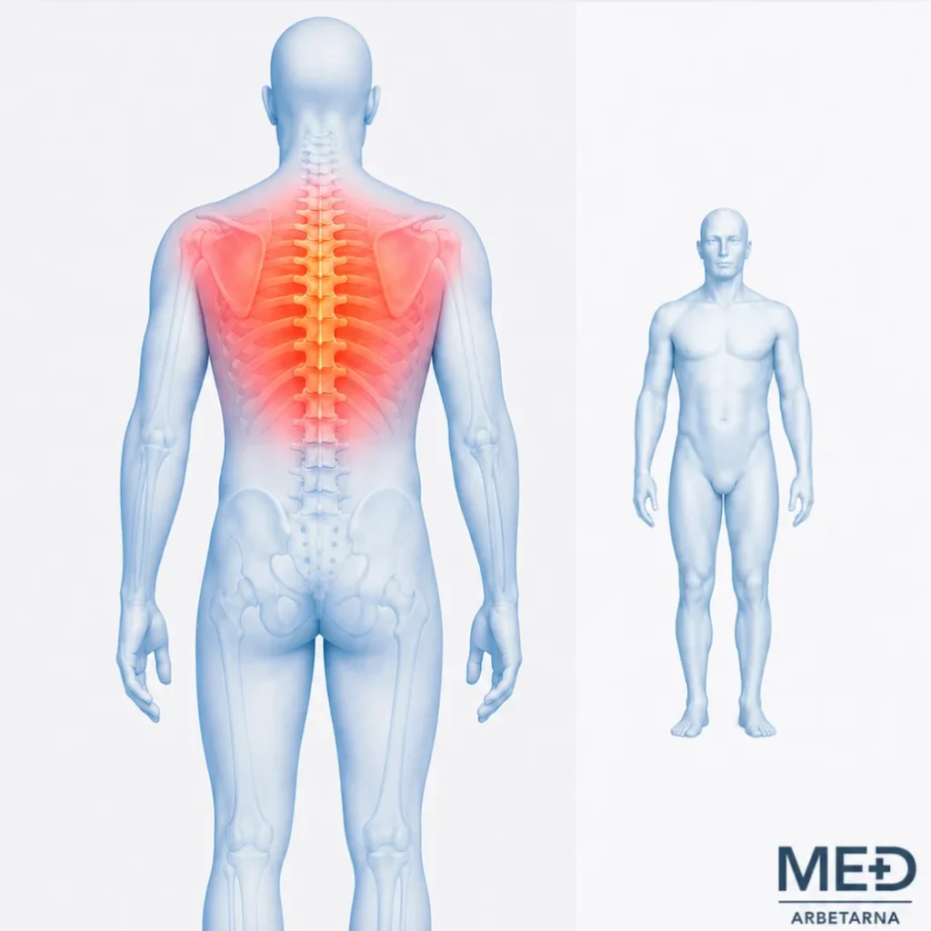 Anatomisk illustration av bröstryggsbesvär med markerad smärta kring bröstrygg, skuldror och revben