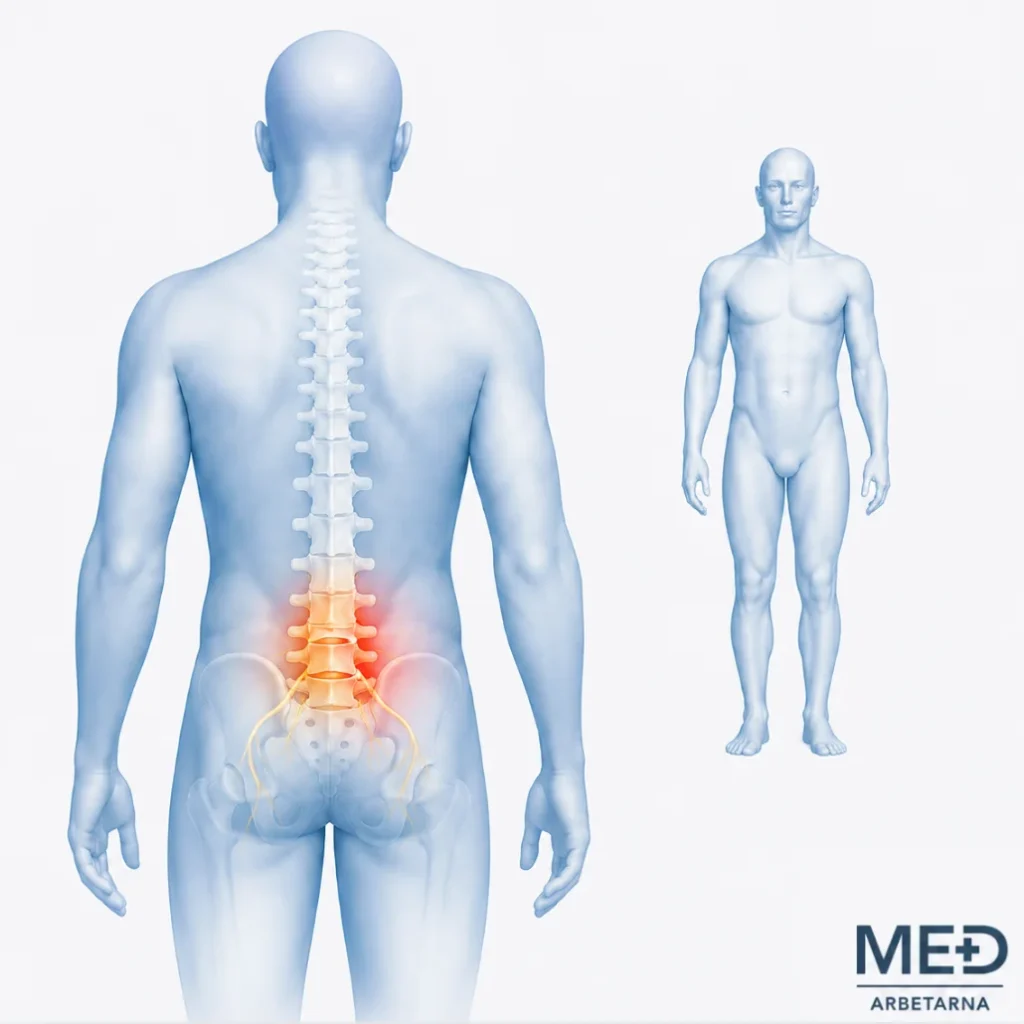 Anatomisk illustration av bröstryggsbesvär med markerad smärta kring bröstrygg, skuldror och revben
