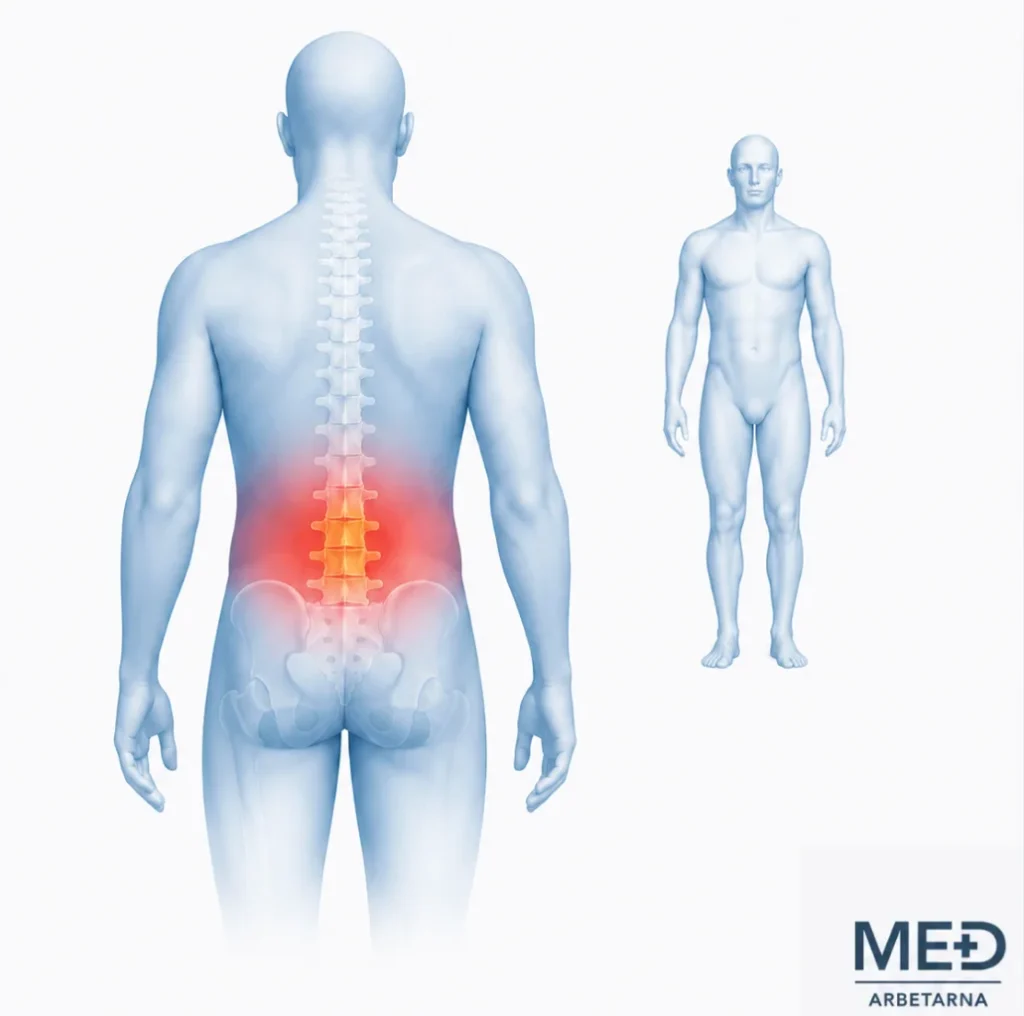 Anatomisk illustration av ryggskott med markerad smärta i ländryggen